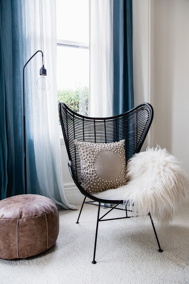 Inspiration for a contemporary master carpeted bedroom remodel in Melbourne with white walls