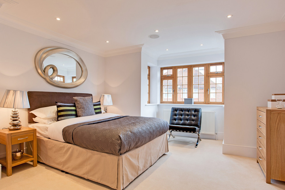 Example of a trendy bedroom design in Other with white walls