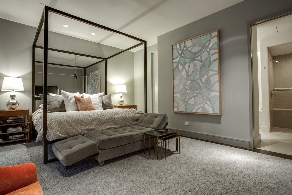 Design ideas for a large classic master and grey and silver bedroom in Dallas with grey walls and carpet.