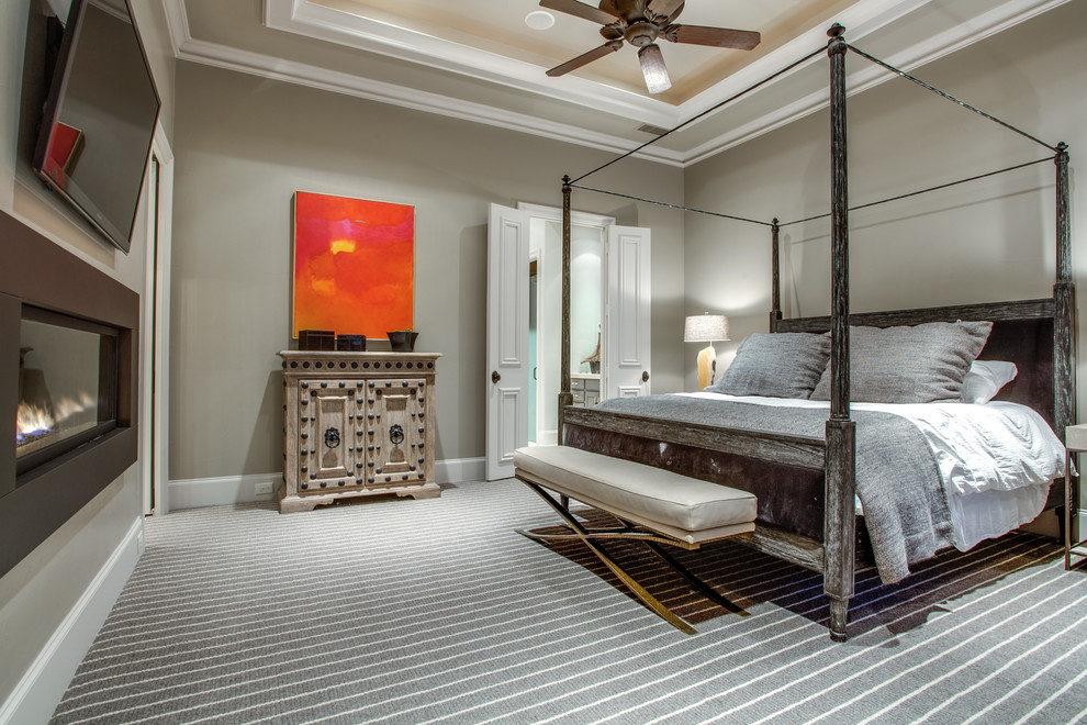 Photo of a classic bedroom in Dallas with grey walls and carpet.
