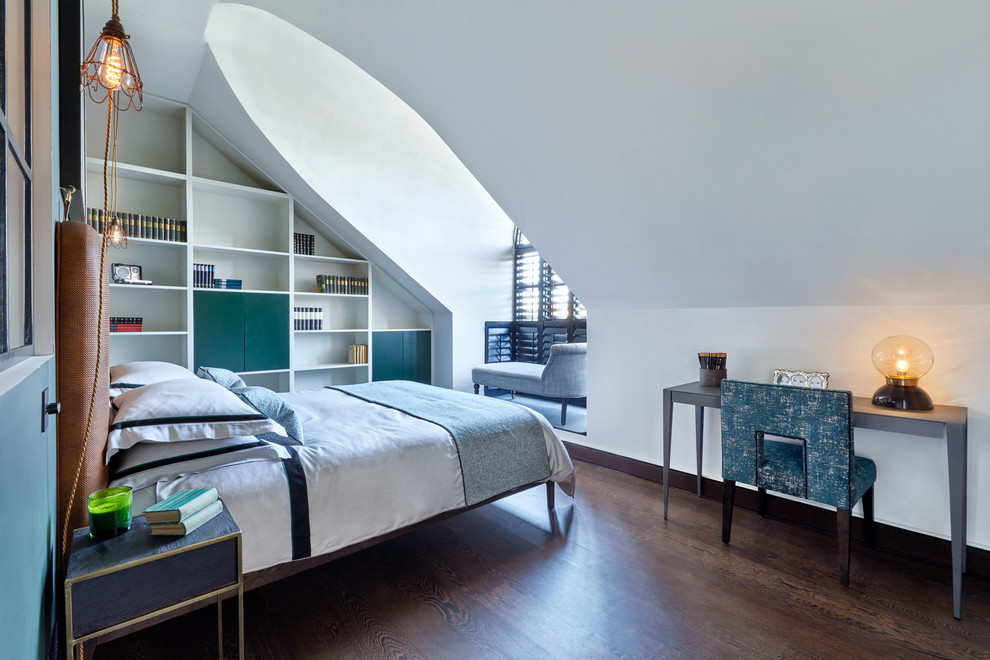 Mid-sized minimalist master dark wood floor and brown floor bedroom photo in London with white walls