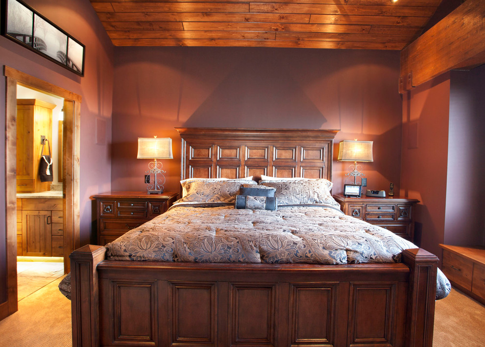 Bedroom - rustic master carpeted bedroom idea in Vancouver with brown walls