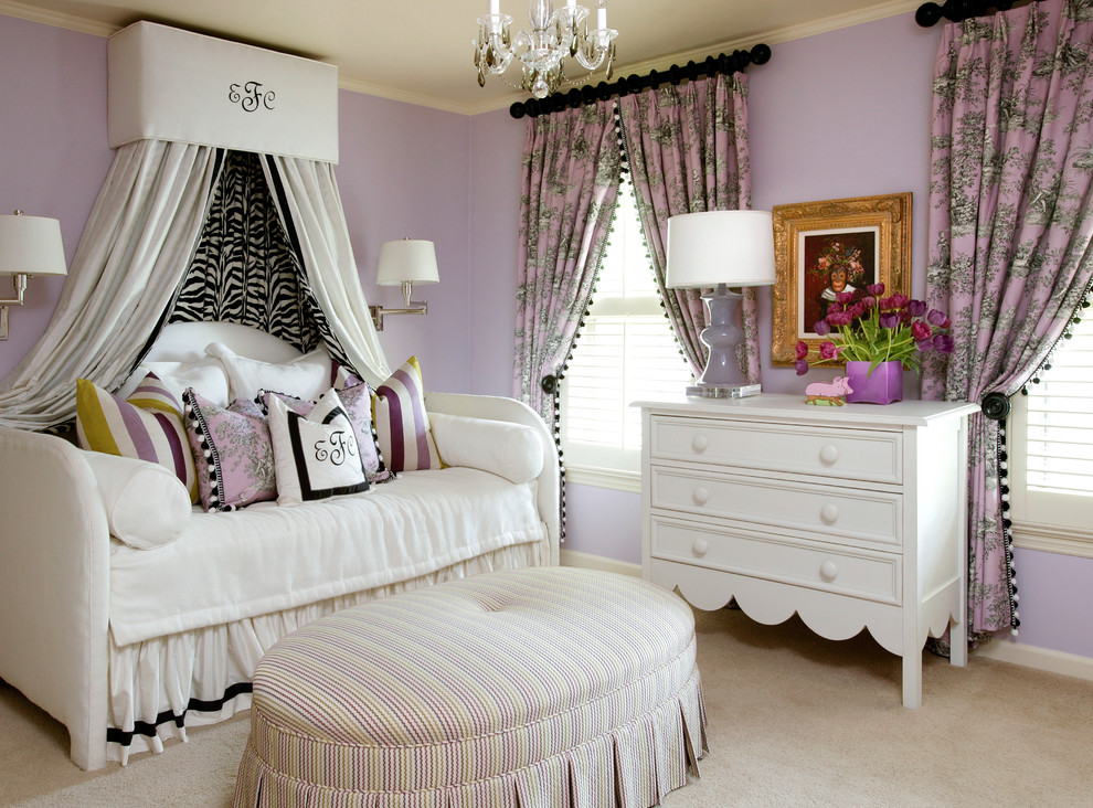 Inspiration for a medium sized traditional bedroom in Little Rock with purple walls, carpet, no fireplace and feature lighting.