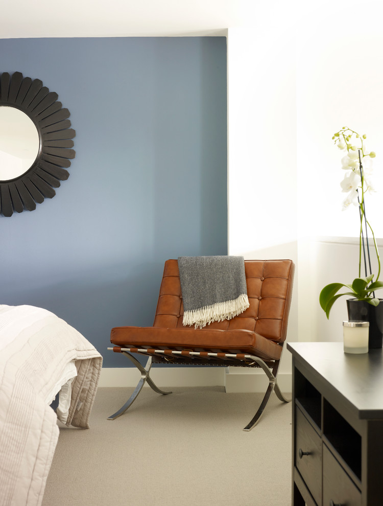 ロンドンにある小さなトランジショナルスタイルのおしゃれな主寝室 (青い壁、カーペット敷き、グレーとクリーム色) のレイアウト
