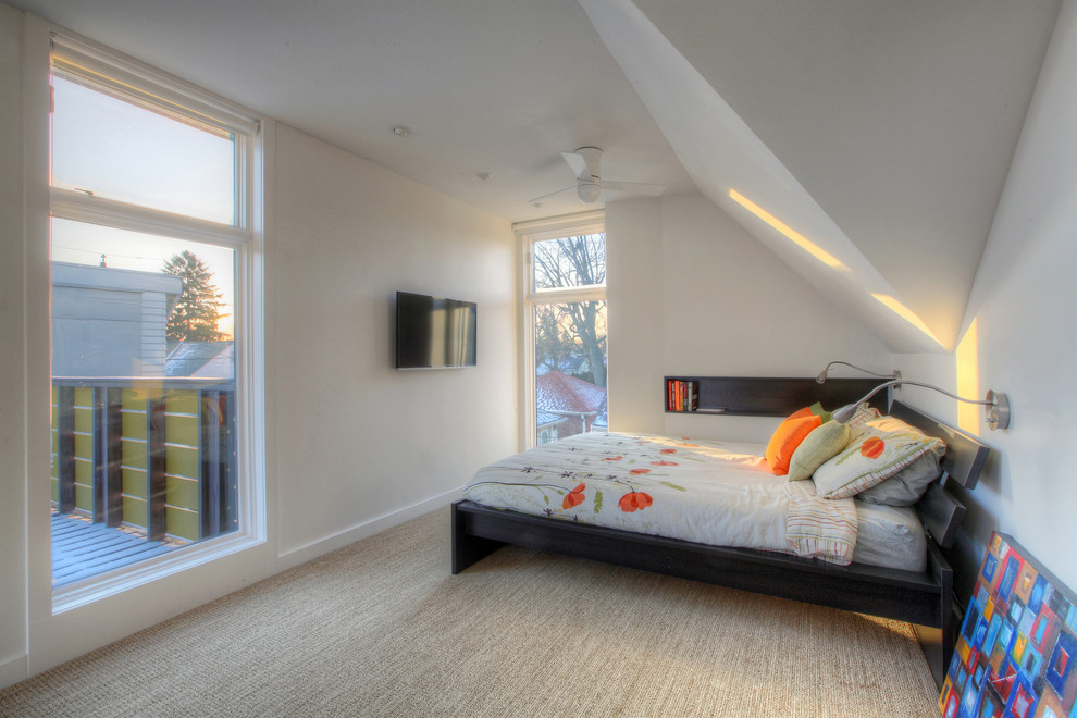 Design ideas for a medium sized eclectic master bedroom in Indianapolis with white walls and carpet.
