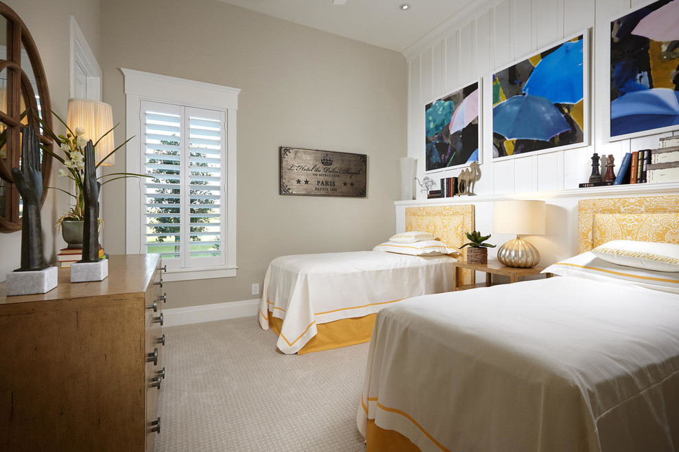 Example of a transitional guest carpeted bedroom design in Tampa with gray walls and no fireplace