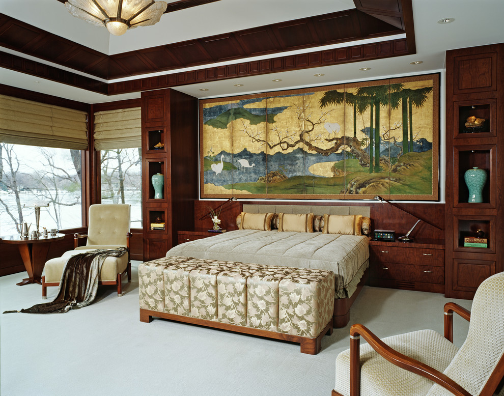 Diseño de dormitorio de estilo zen con moqueta