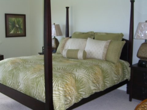 Foto de dormitorio tropical de tamaño medio sin chimenea con paredes verdes y moqueta
