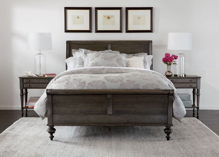 Inspiration for a large classic master, grey and brown and grey and silver bedroom with white walls, dark hardwood flooring, no fireplace and brown floors.