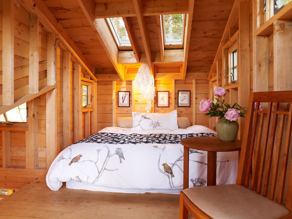 Design ideas for a small rustic mezzanine loft bedroom in Portland Maine.