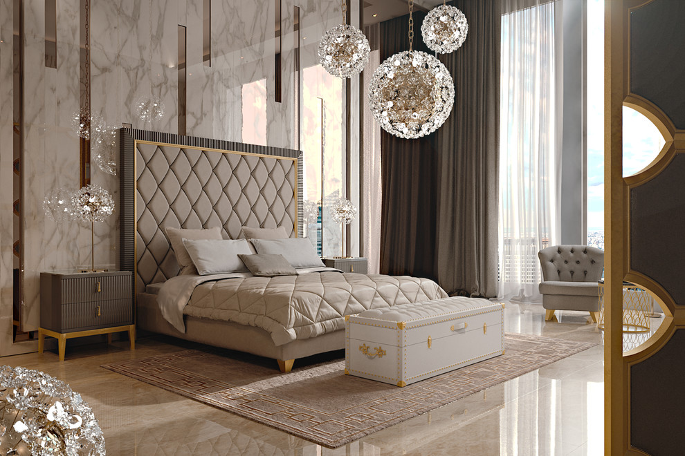 Italian Designer Art Deco Inspired Upholstered Bed With Tall Headboard Modern Bedroom 