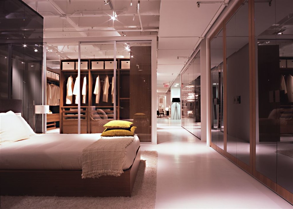 Свежая идея для дизайна: большая хозяйская спальня в стиле модернизм с белыми стенами и полом из керамической плитки - отличное фото интерьера