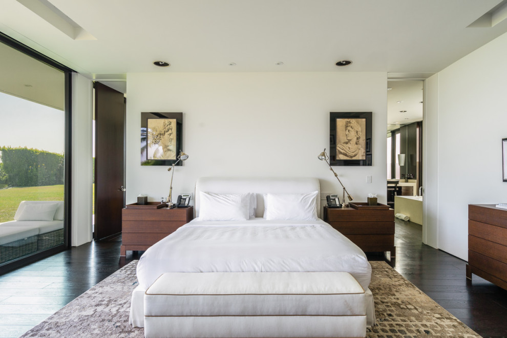 Esempio di una camera da letto design con pareti bianche, parquet scuro e pavimento marrone