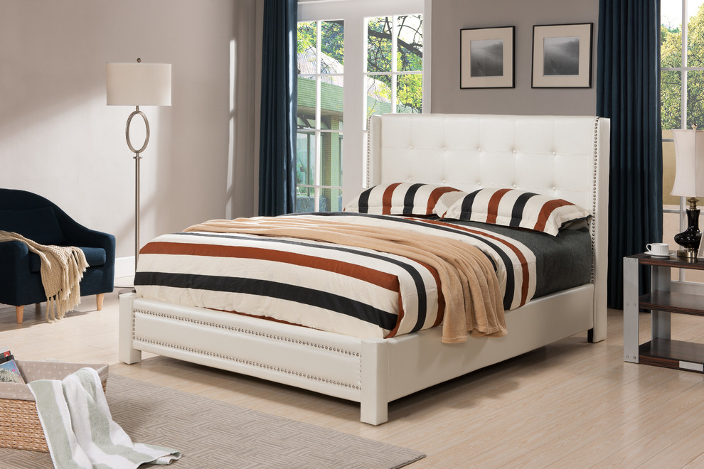 Ivory Faux Leather Tufted Upholstered Platform Slat Bed ...