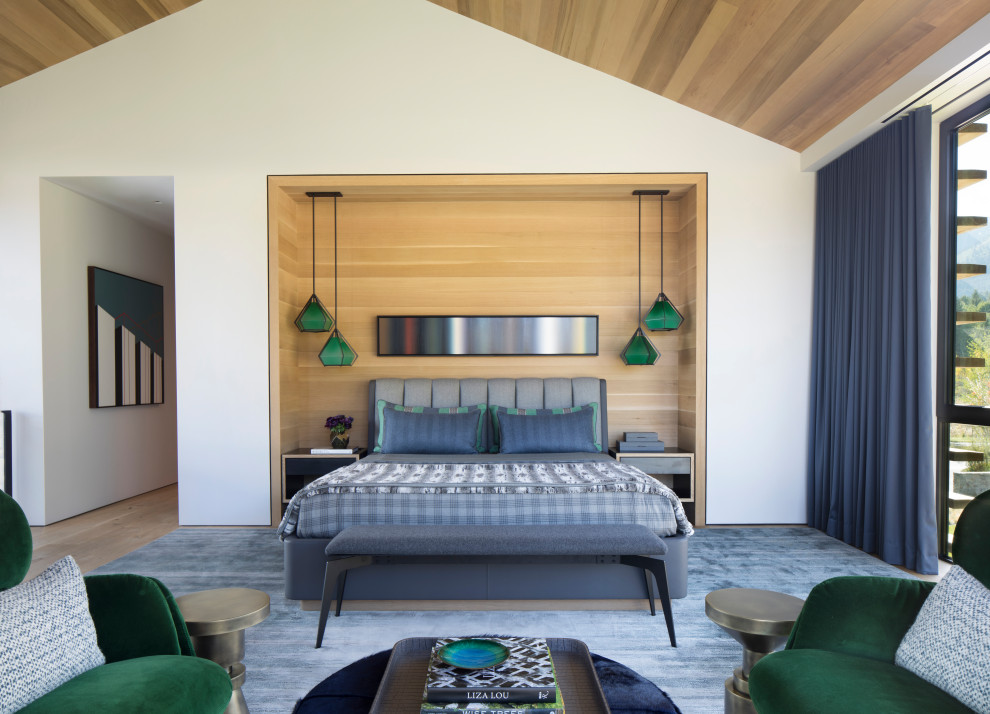 Großes Rustikales Hauptschlafzimmer ohne Kamin mit weißer Wandfarbe, braunem Holzboden, braunem Boden und gewölbter Decke in Sonstige
