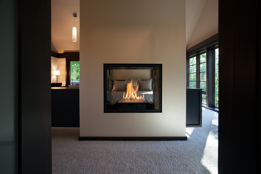 Photo of a large modern master bedroom in Other with white walls, carpet and a two-sided fireplace.