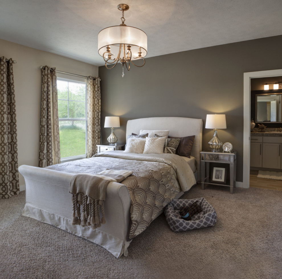 Mid-sized transitional master carpeted and brown floor bedroom photo in Other with gray walls