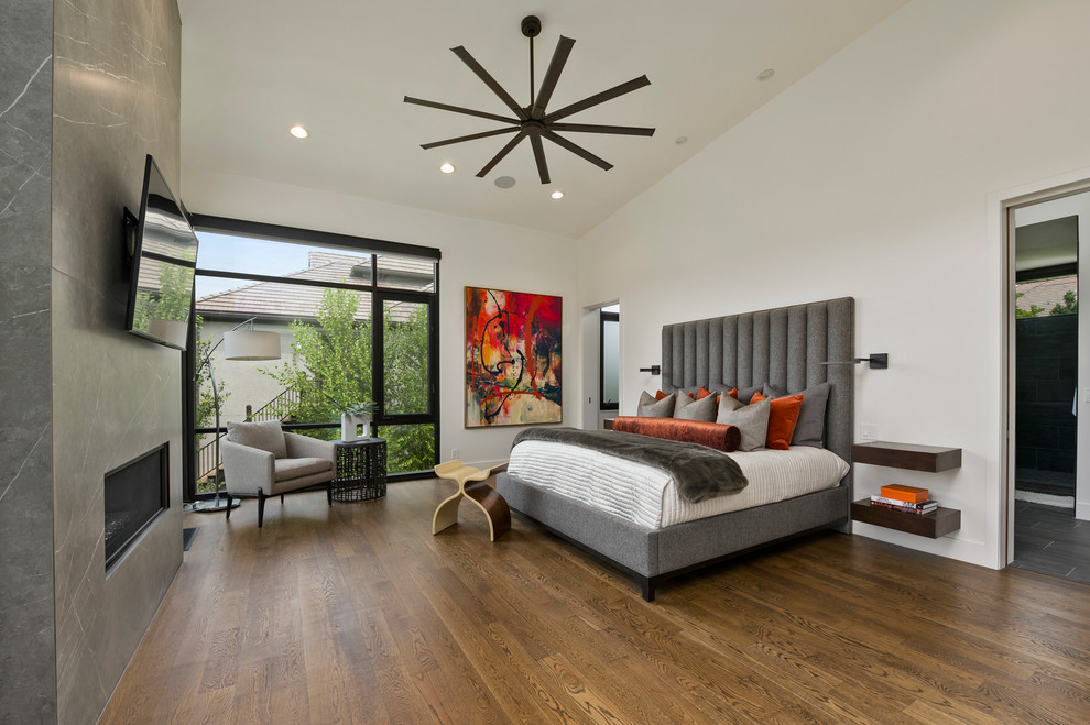 This is an example of a contemporary bedroom in Kansas City with white walls, dark hardwood flooring, a ribbon fireplace, a stone fireplace surround and brown floors.