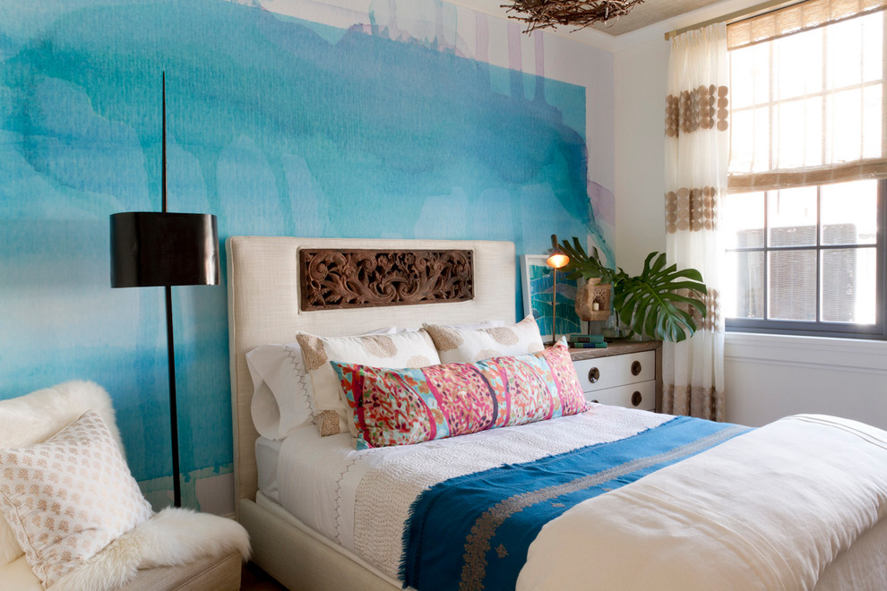 Bedroom - contemporary bedroom idea in New York with blue walls