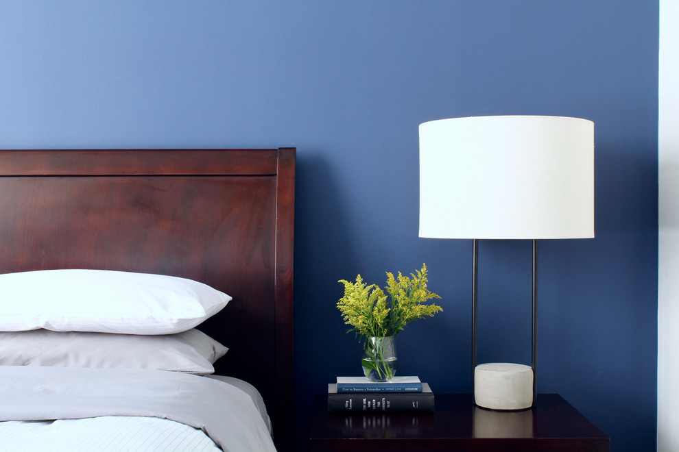 Источник вдохновения для домашнего уюта: хозяйская спальня среднего размера в стиле модернизм с синими стенами, паркетным полом среднего тона и коричневым полом без камина