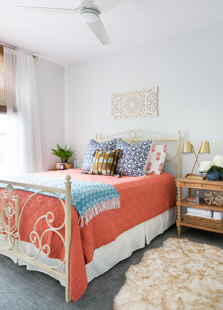 Inspiration for a transitional carpeted and gray floor bedroom remodel in Austin with white walls