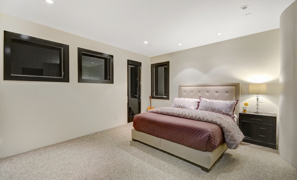 Geräumiges Modernes Gästezimmer mit weißer Wandfarbe und Teppichboden in Orange County