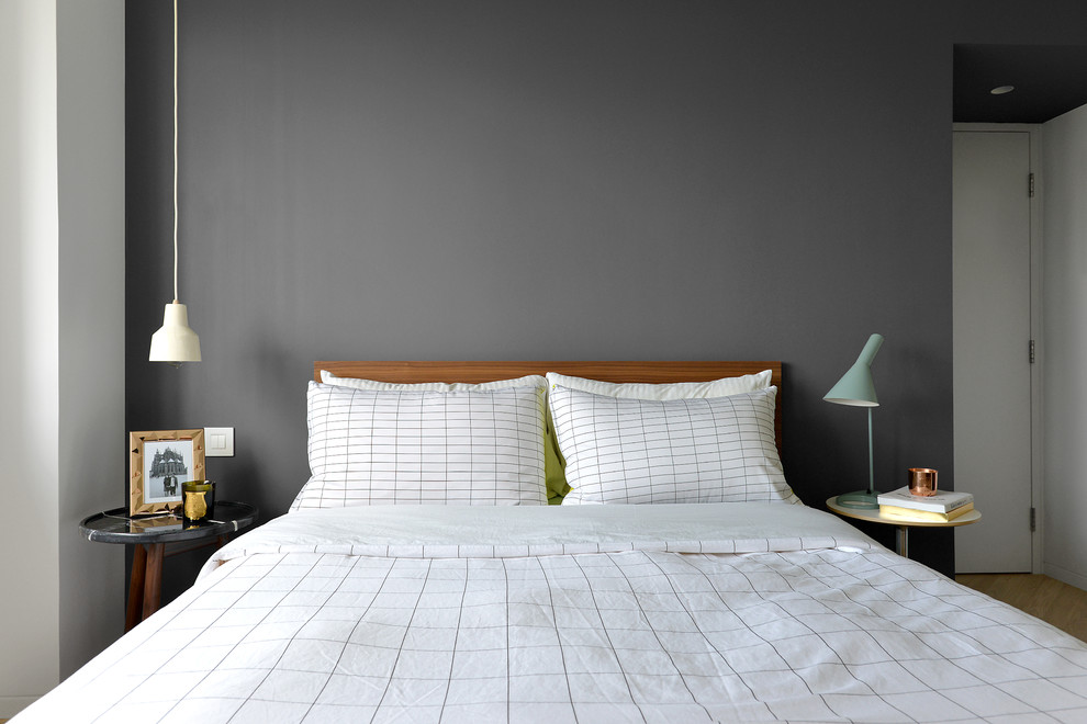 Inspiration för moderna sovrum, med grå väggar