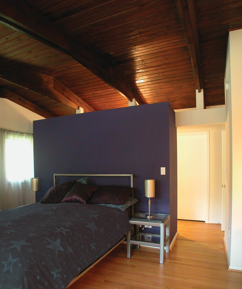 Ispirazione per una camera matrimoniale minimalista con pareti blu e pavimento in legno massello medio