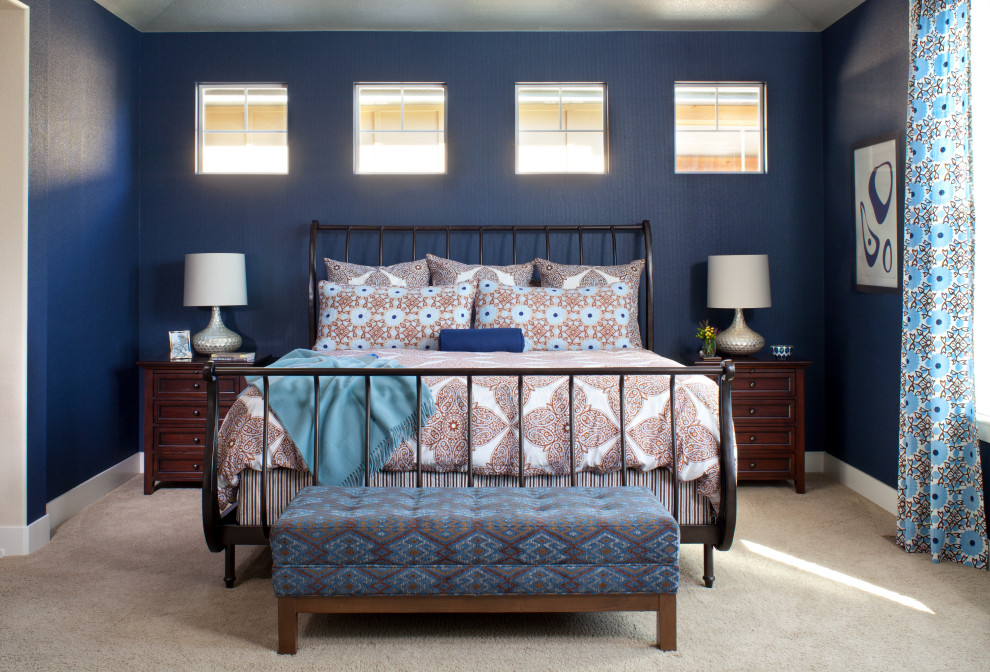 Bedroom - mid-sized transitional master carpeted and beige floor bedroom idea in Denver with blue walls