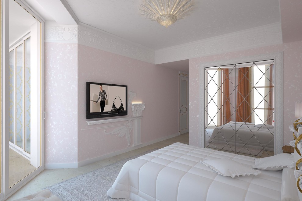 Example of a mid-sized trendy ceramic tile bedroom design in Other with pink walls