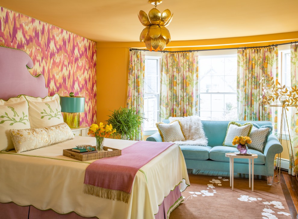 Bedroom - large transitional master dark wood floor bedroom idea in Boston with multicolored walls