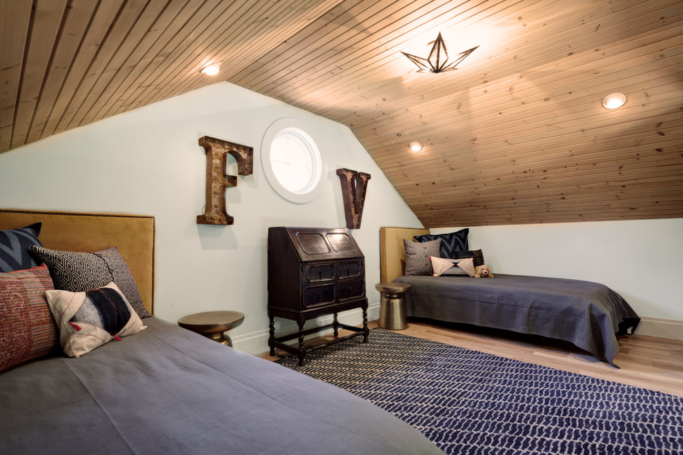 Mid-sized minimalist loft-style light wood floor bedroom photo in Austin with white walls