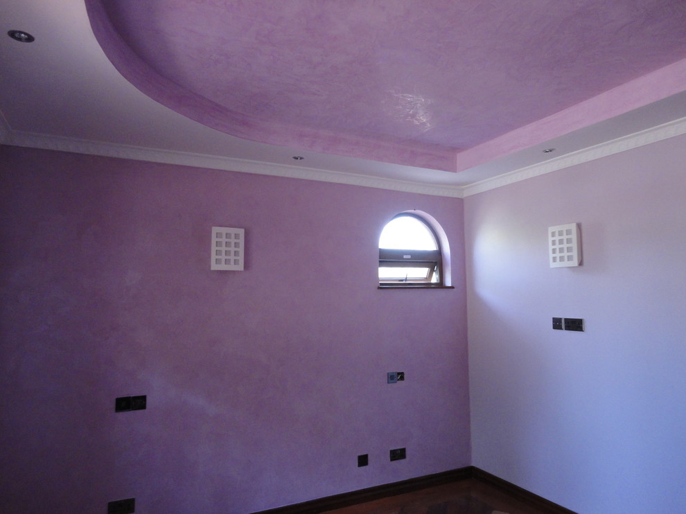 Imagen de dormitorio tipo loft moderno de tamaño medio con paredes púrpuras y suelo de madera en tonos medios