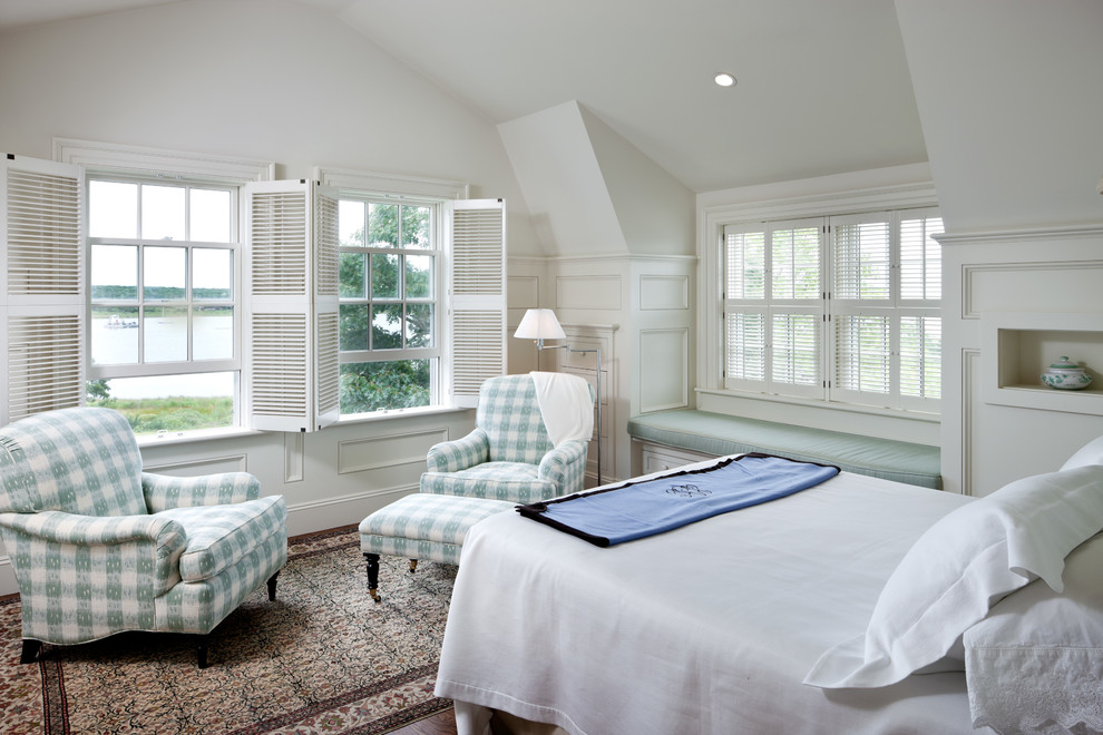 Example of a mid-sized beach style bedroom design in Boston with white walls