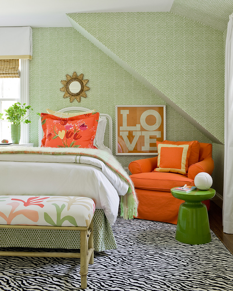 Transitional bedroom photo in Boston with multicolored walls