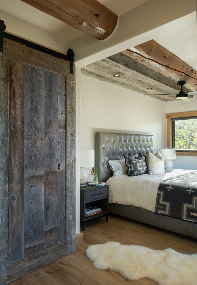 Design ideas for a small rustic master bedroom in Other with white walls, medium hardwood flooring, brown floors and a vaulted ceiling.