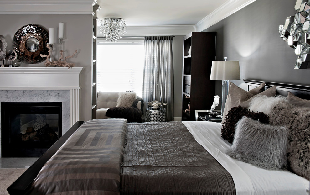 Mid-sized trendy master bedroom photo in Atlanta with gray walls, a standard fireplace and a stone fireplace