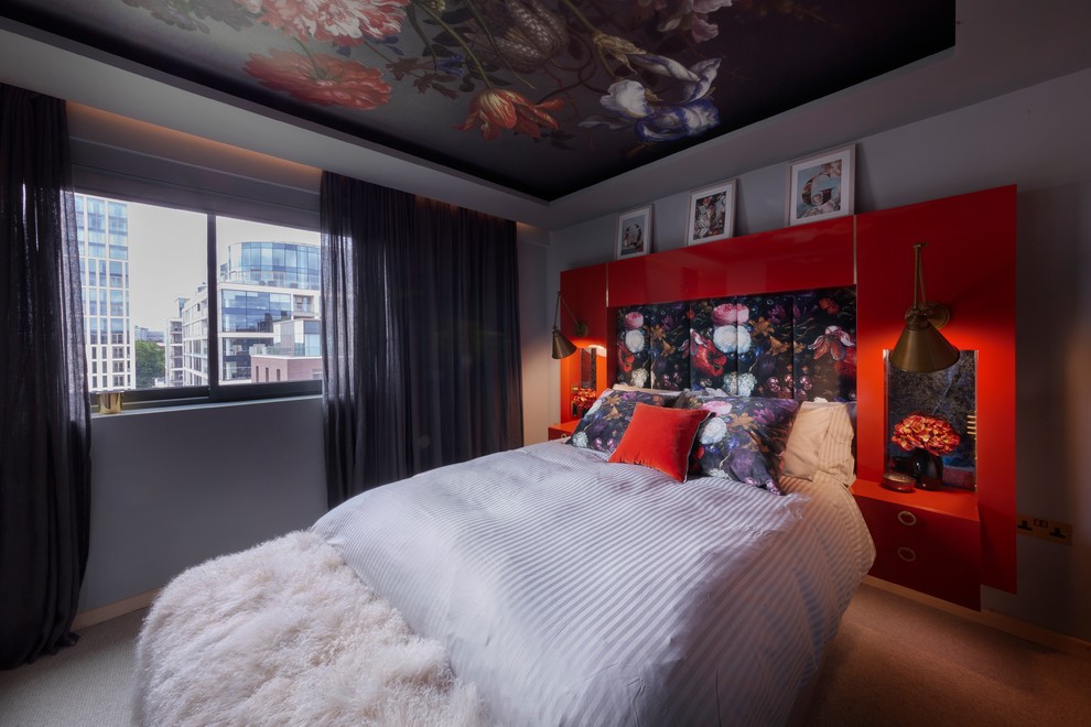 Mid-sized eclectic carpeted and gray floor bedroom photo in London with gray walls