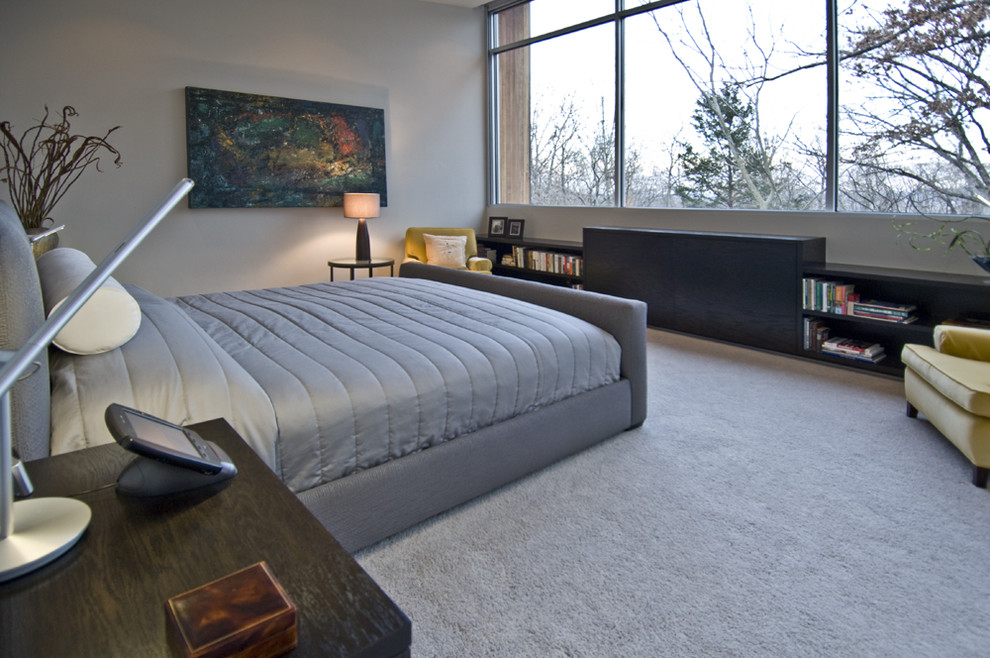 Modelo de dormitorio principal moderno con paredes grises y moqueta
