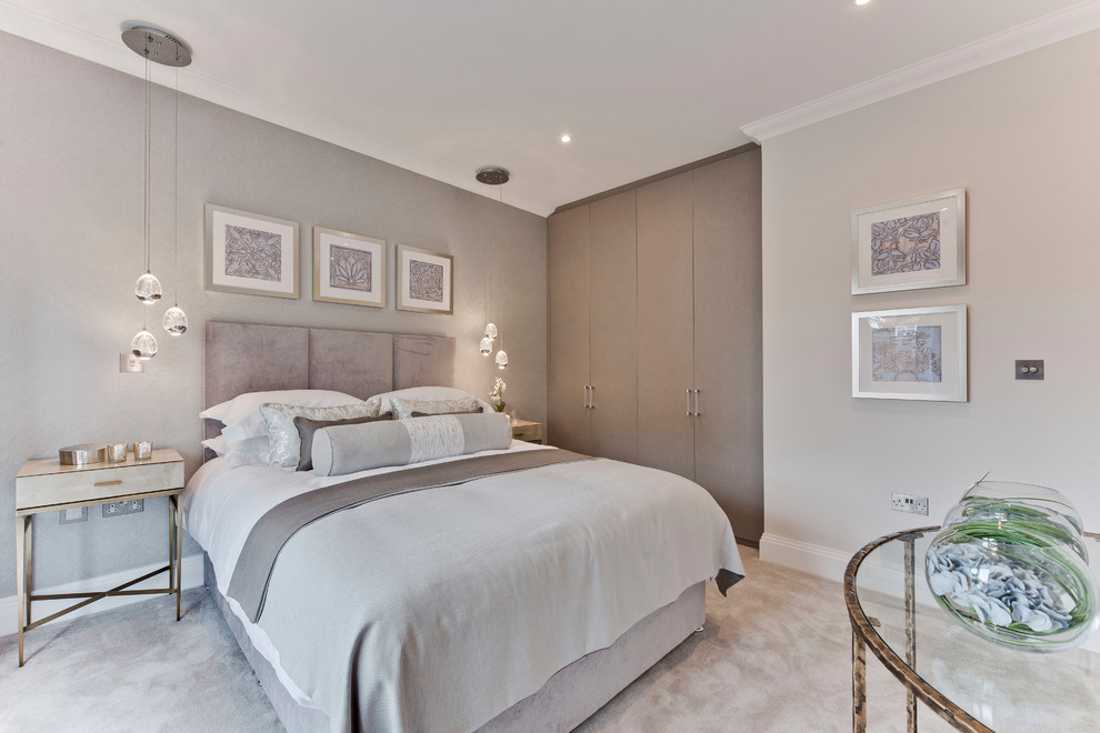 Inspiration for a medium sized classic bedroom in Surrey with grey walls, carpet, no fireplace and grey floors.
