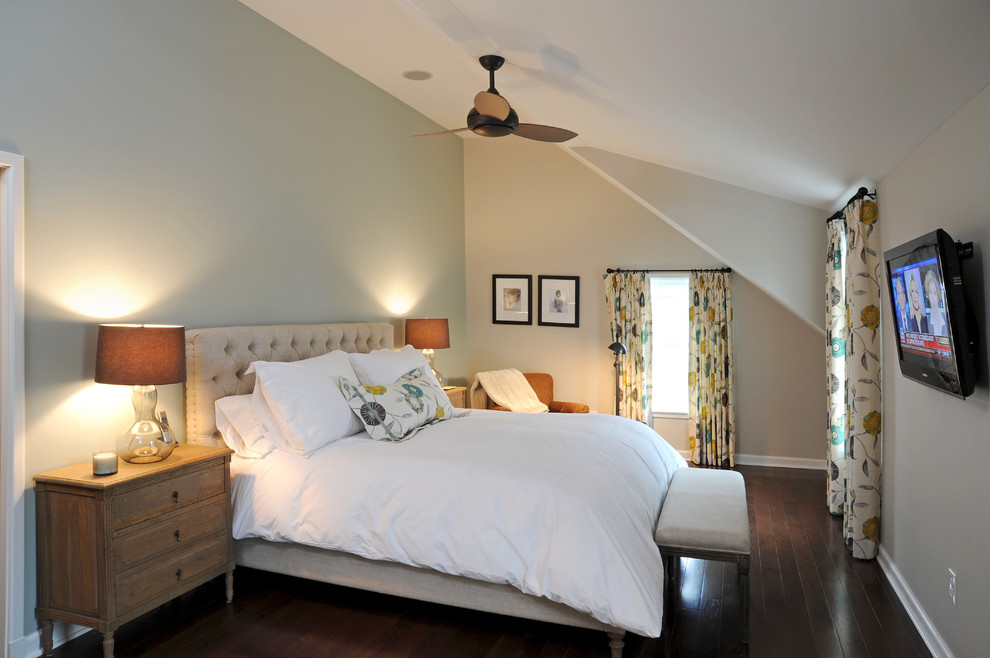 Photo of a medium sized classic master bedroom in Columbus with beige walls, dark hardwood flooring and no fireplace.