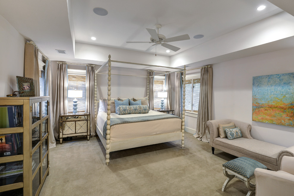 Mid-sized beach style guest carpeted and beige floor bedroom photo in Charleston with white walls and no fireplace