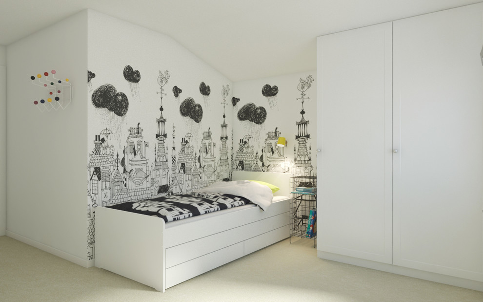 Ispirazione per una piccola camera da letto nordica con pareti bianche, moquette e pavimento beige