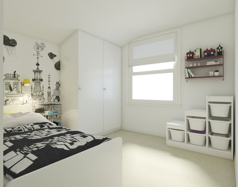Kleines Nordisches Schlafzimmer mit weißer Wandfarbe, Teppichboden und beigem Boden in London