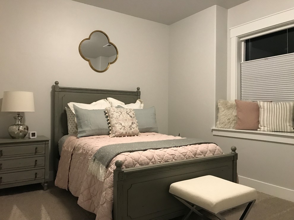 Photo of a small classic guest and grey and pink bedroom in Boise with grey walls, carpet, no fireplace and beige floors.