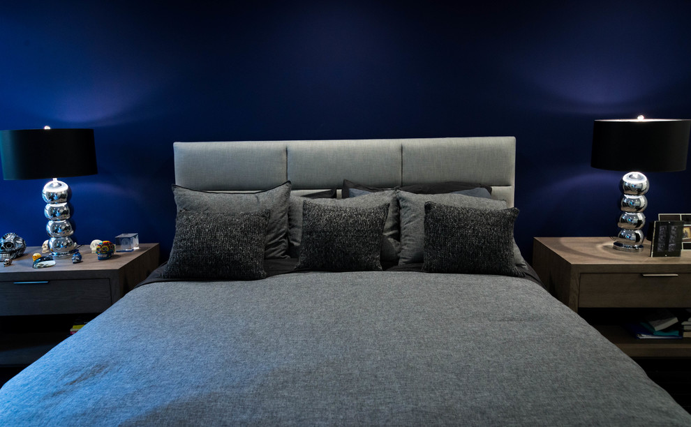 Idee per una grande camera matrimoniale minimalista con pareti blu, parquet scuro e pavimento nero