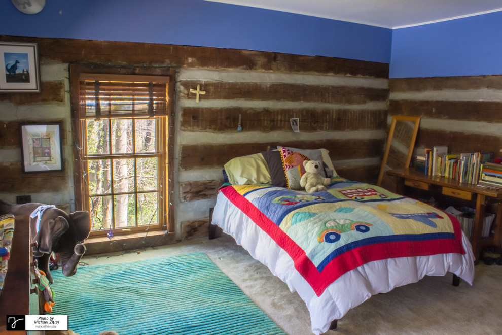 Small rustic guest bedroom in Baltimore with brown walls, carpet and no fireplace.