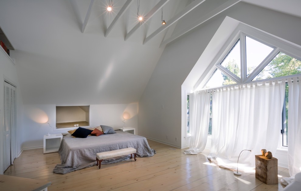 Ispirazione per una grande camera matrimoniale scandinava con pareti bianche e parquet chiaro