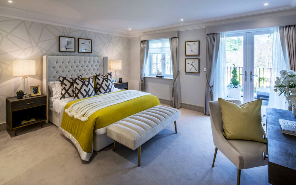 Inspiration for a medium sized traditional master bedroom in Berkshire with grey walls, carpet and grey floors.