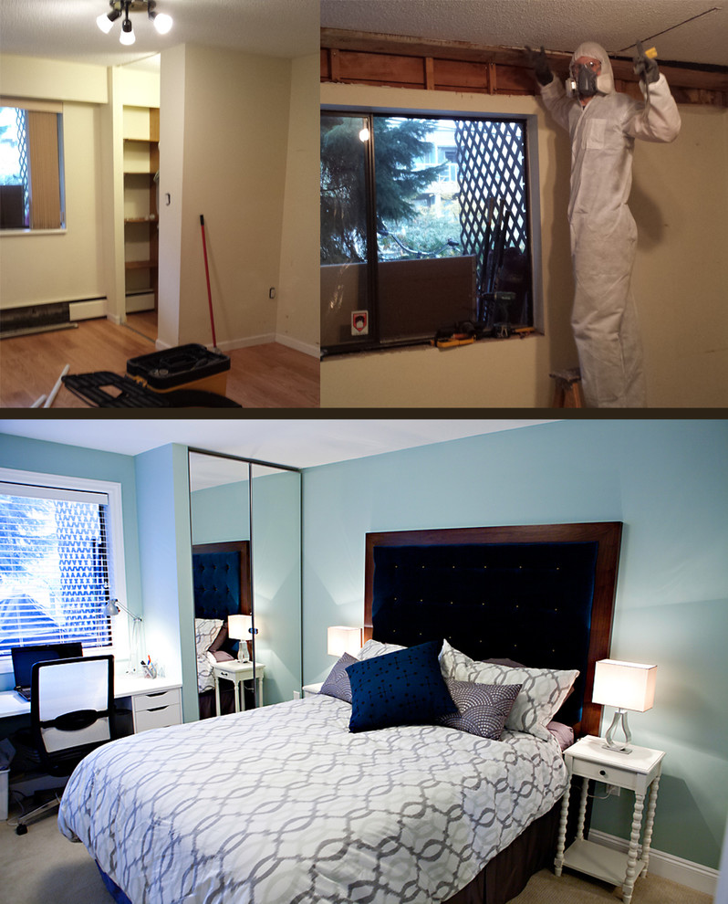 Идея дизайна: хозяйская спальня среднего размера в современном стиле с серыми стенами и ковровым покрытием без камина